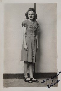 Mike Disfarmer (American, 1884 - 1959), Untitled (Woman in a Broad-shouldered Dress), c. 1940 - 1949, Gelatin silver contact print, 5 x 3-1/2 inches, Gift of Antony James Ellman, University of New Mexico Art Museum, Albuquerque, 2007.7.10, Image Courtesy of Geistlight Photography