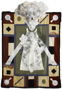 Virginia Derryberry, Janus I, 2013, 96” x 66”, Fabric, embroidery, paint